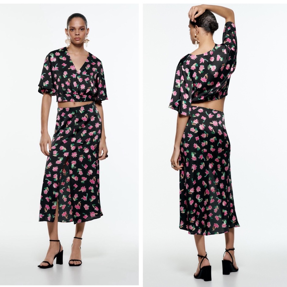 NWOT ZARA SATIN MIDI SKIRT WITH FLORAL PRINT HIGH WAIST BLOGGERS FAV